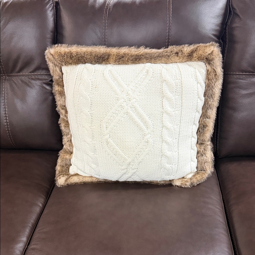 Cream Cable Knit Pillow with Faux Fur Trim
